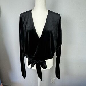 Good American Black Velvet Wrap Blouse Top Tie Front Long Sleeve Sz. 3 L/XL Sexy